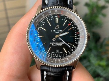 Navitimer 1 SS 41mm V7F 1:1 Best Edition Gray Bezel Black Dial on Black Leather Strap