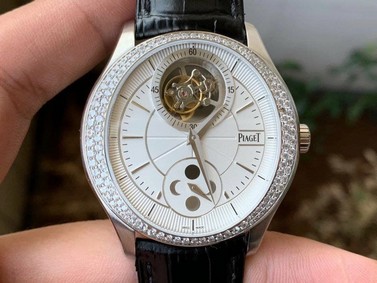 Piaget Gouverneur Tourbillon SS OXF Best Edition White Dial Diamonds Bezel on Brown Leather Strap