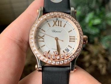 Happy Sport 36mm RG OXF 1:1 Best Edition Diamonds Bezel Black Dial on Black Leather Strap A2892